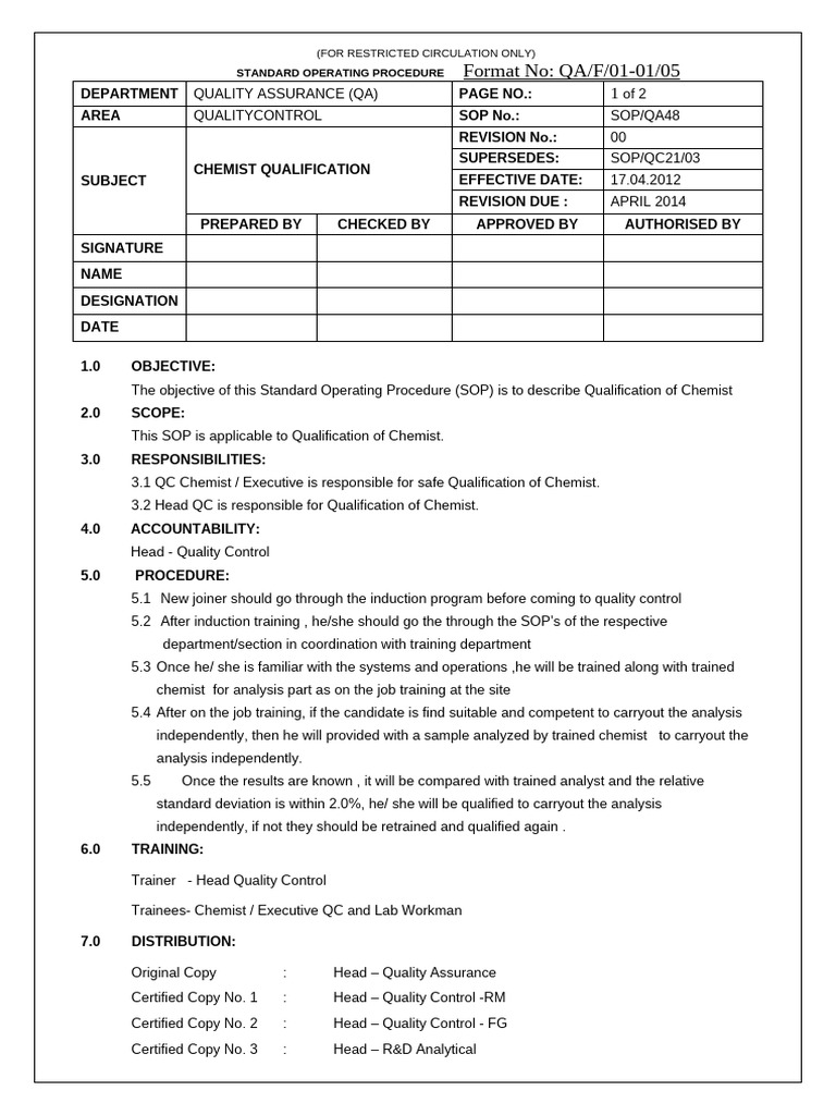 Chemist Qualification SOP Guide | PDF