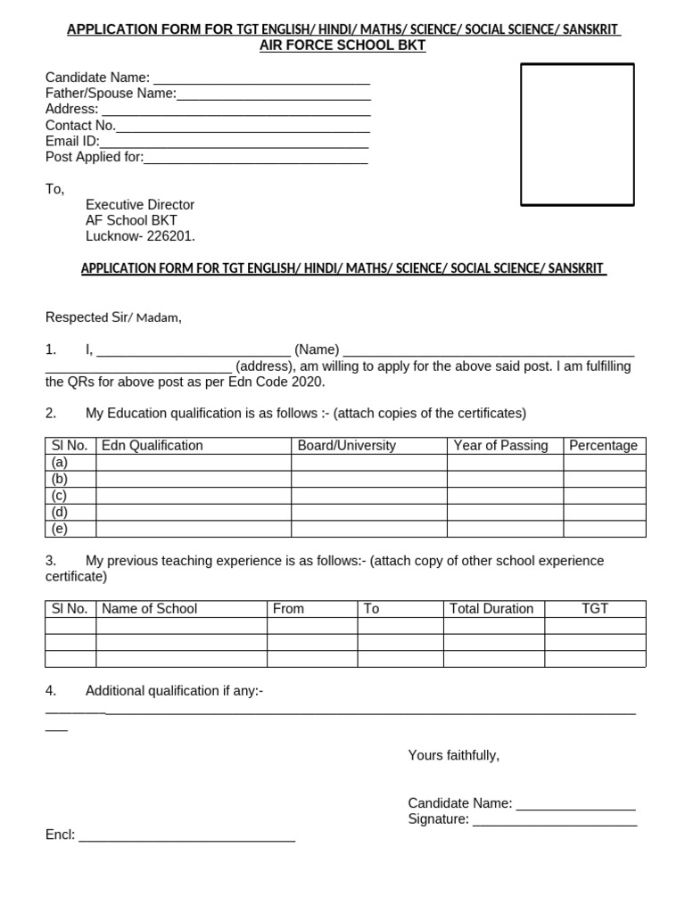 TGT Application Form for Air Force School | PDF