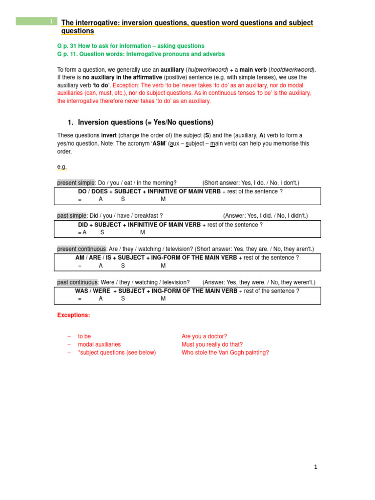 Inversion in Auxiliary Questions | PDF | Question | Subject (Grammar)