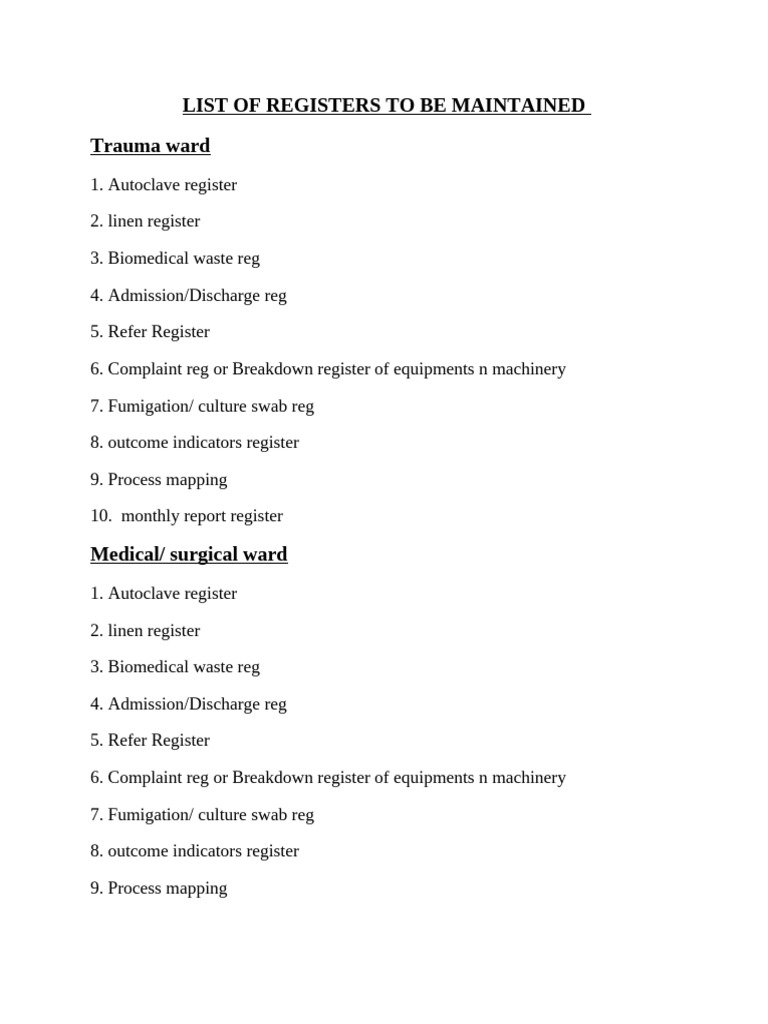 Essential Hospital Registers List | PDF