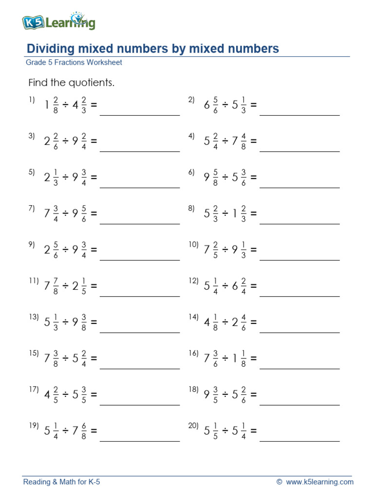Grade 5 Dividing Mixed Numbers by Mixed Numbers A | PDF | Mathematical ...