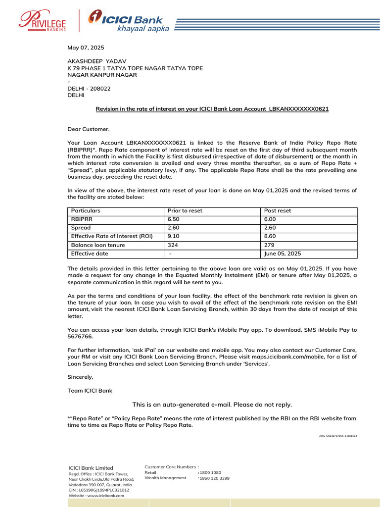 ICICI Loan Interest Rate Revision Notice | PDF | Reserve Bank Of India ...