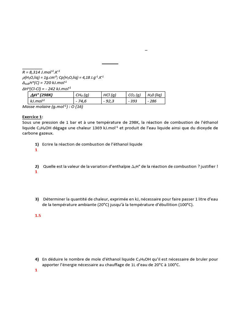 Contrôle de Thermochimie L1 PMPC | PDF | Enthalpie | Thermodynamique