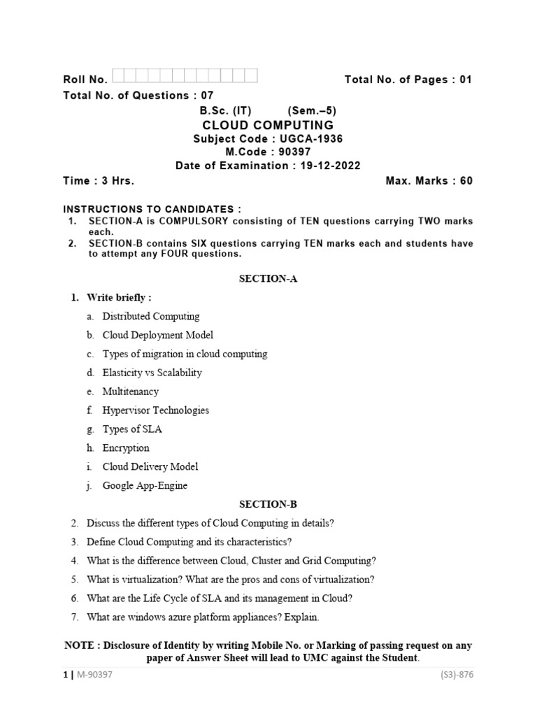 B.Sc. IT Cloud Computing Exam Paper | PDF