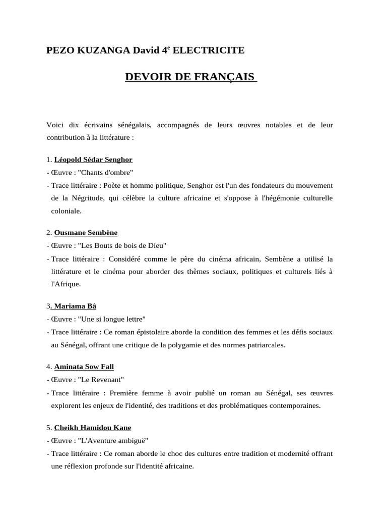 Écrivains sénégalais et leurs œuvres | PDF | Sénégal