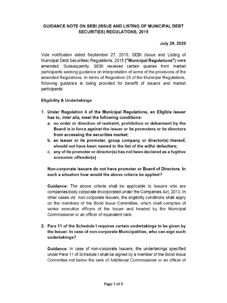 SEBI - Guidance Note On SEBI (Issue and Listing of Municipal Debt ...