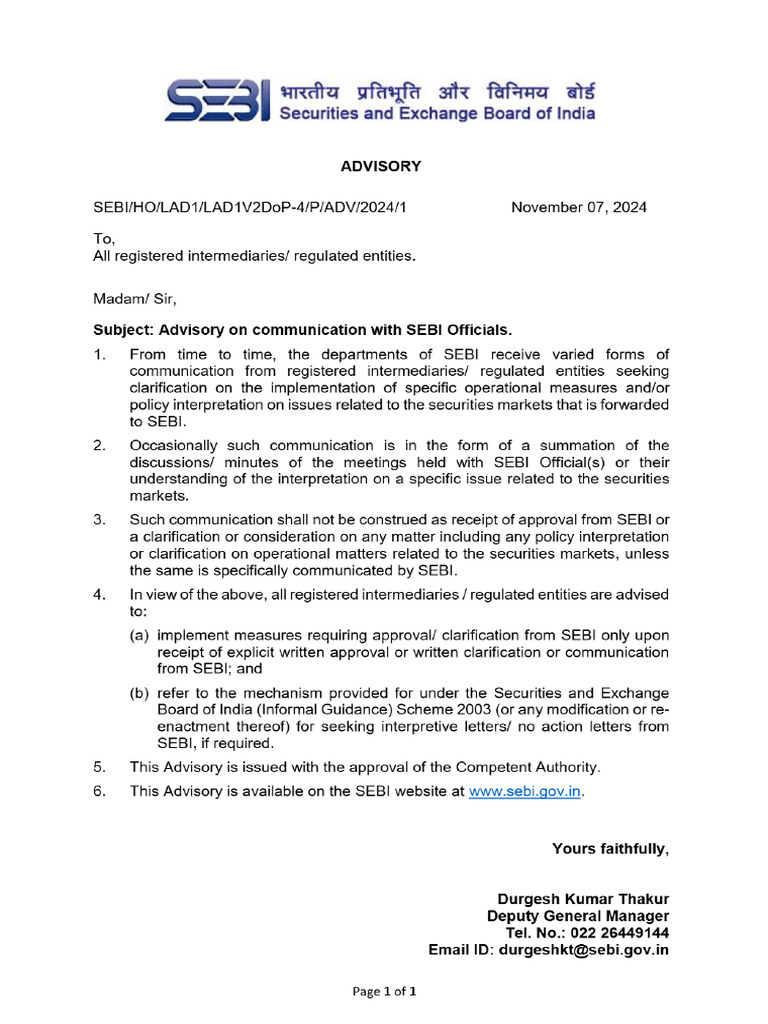 SEBI - Advisory On Communication With SEBI Officials | PDF