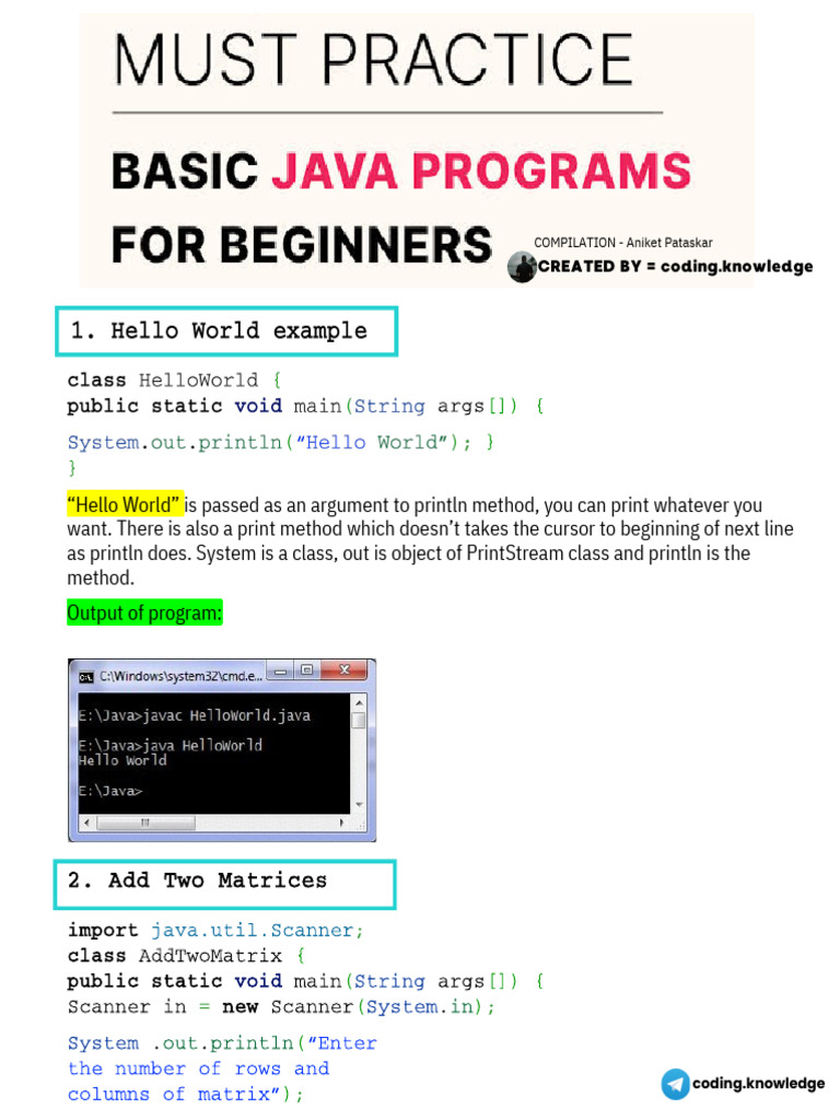 JAVA Programes For Beginners | PDF | Integer (Computer Science ...