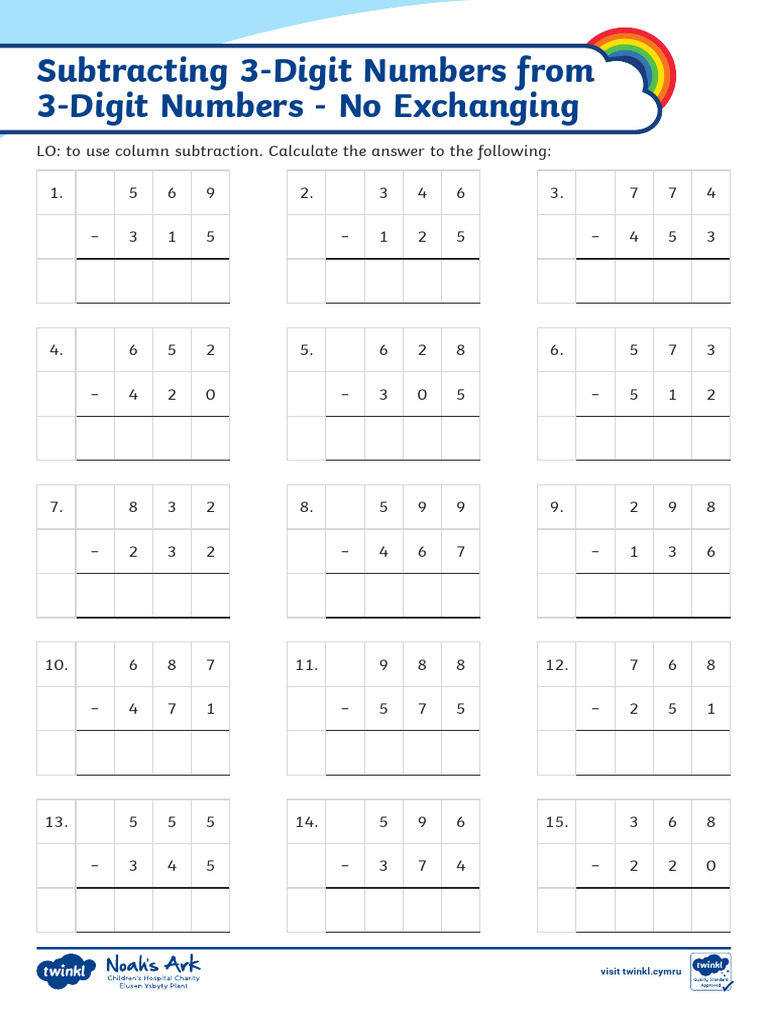 Subtracting Without Exchanging 3-Digit Numbers Worksheet | PDF ...
