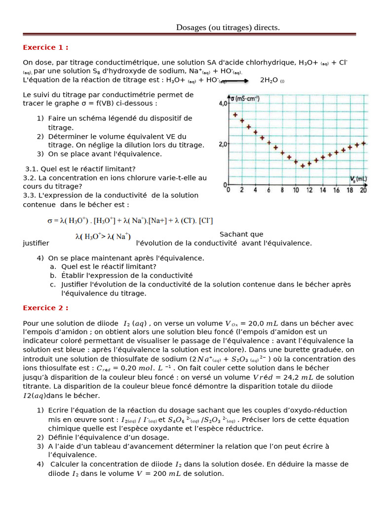 Dosages directs par titrage conductimétrique | PDF | Titrage | Chimie