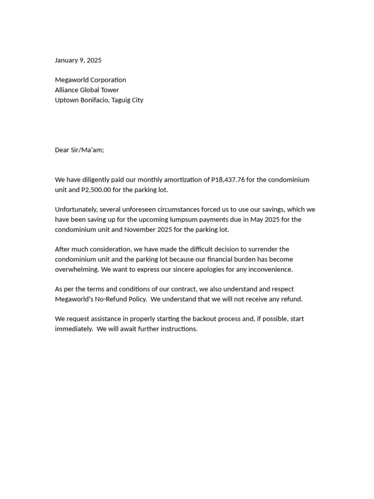 (DRAFT 2) Letter of Request For Backout Sarasota Cluster 5 Unit 6 B and ...