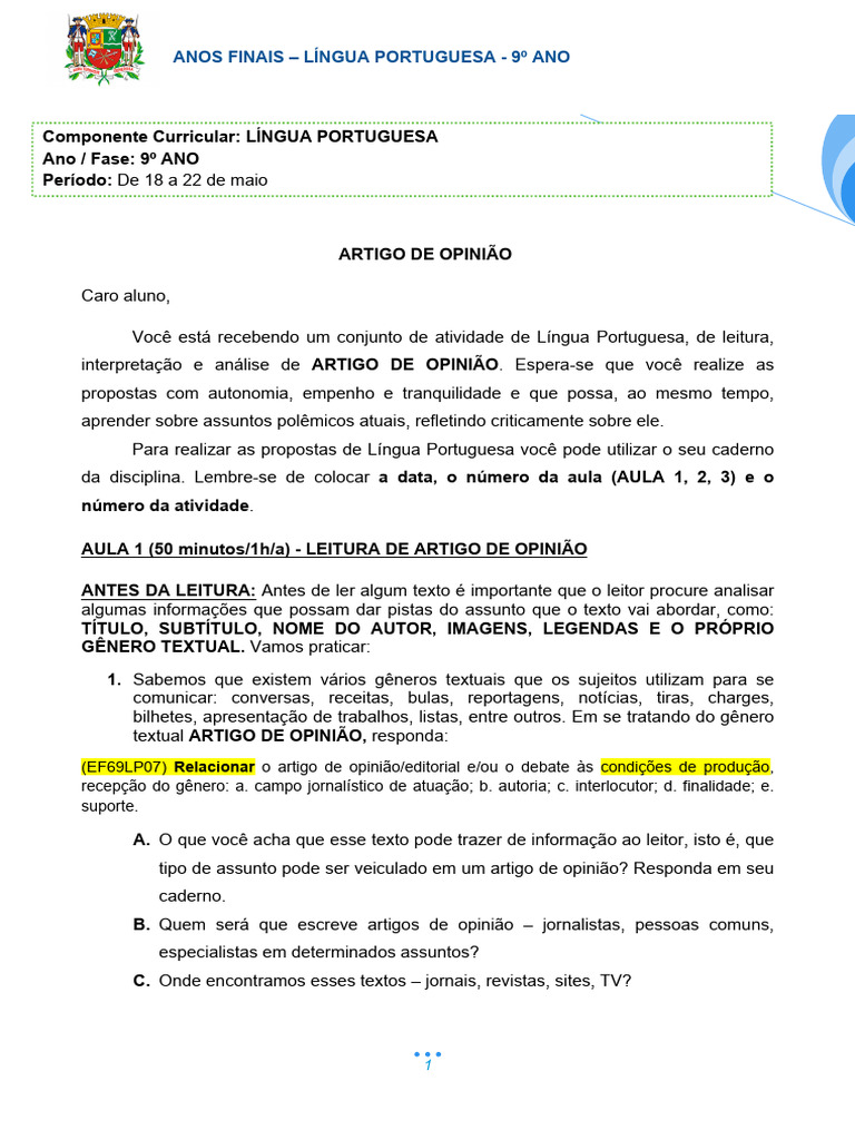 Atividade 9 Ano - Artigo de Opinião | PDF | Editorial | Internet