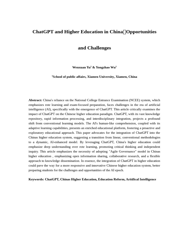 ChatGPT's Impact on China's Higher Education | PDF | Artificial ...