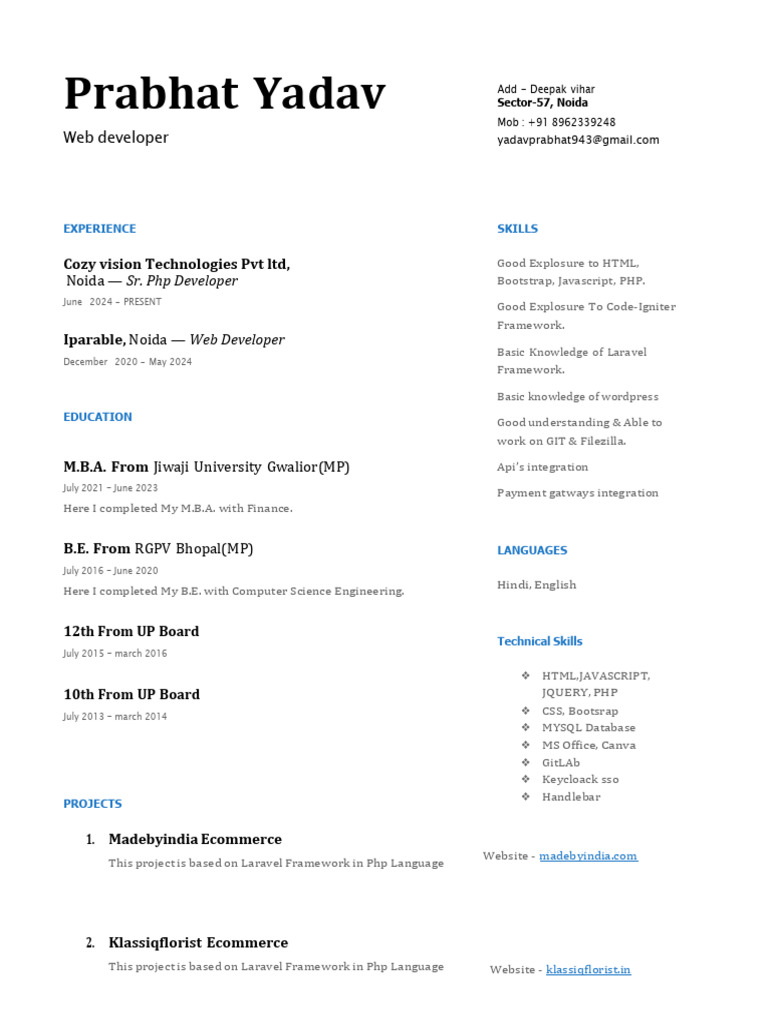 Prabhat Yadav - Web Developer Resume | PDF | Bootstrap (Front End ...