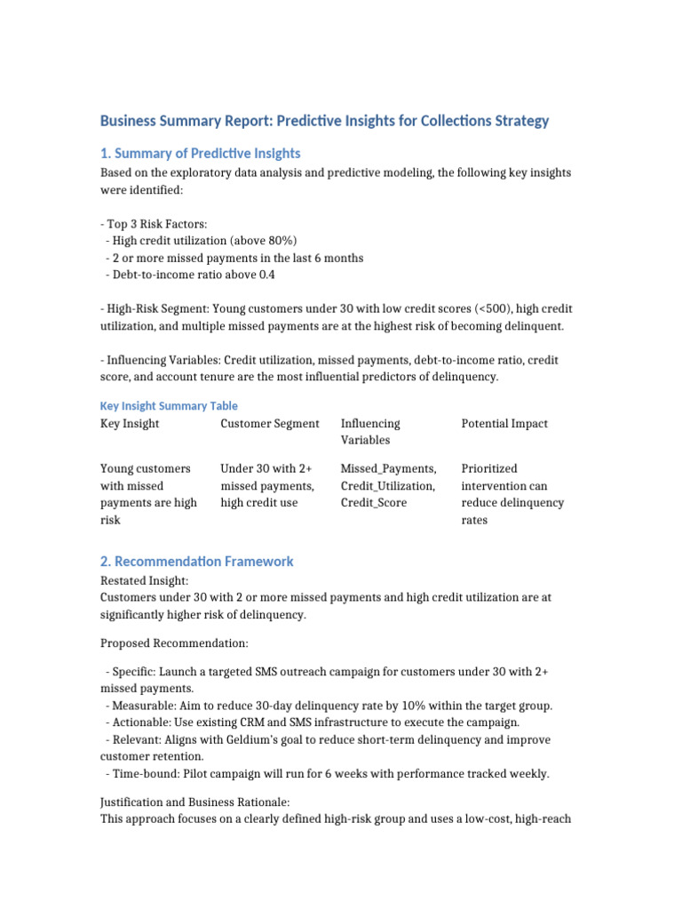 Predictive Insights for Collections Strategy | PDF