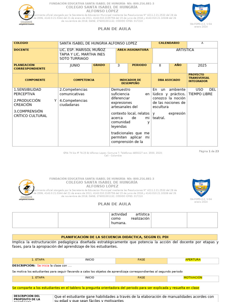 Plan de Aula Artistica Tercero Mes de Junio 1 | PDF | Aprendizaje