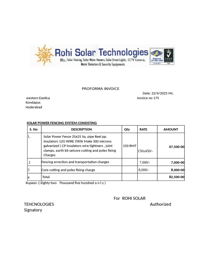 Proforma Invoice for Solar Fencing System | PDF