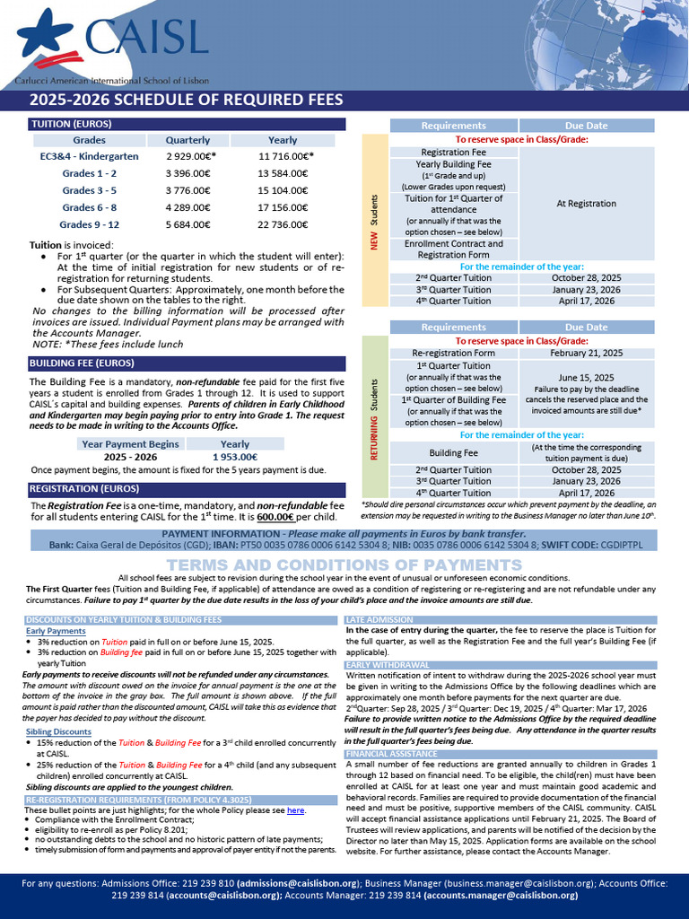 CAISL Tuition Fees 2025-2026 Overview | PDF | Tuition Payments | Fee