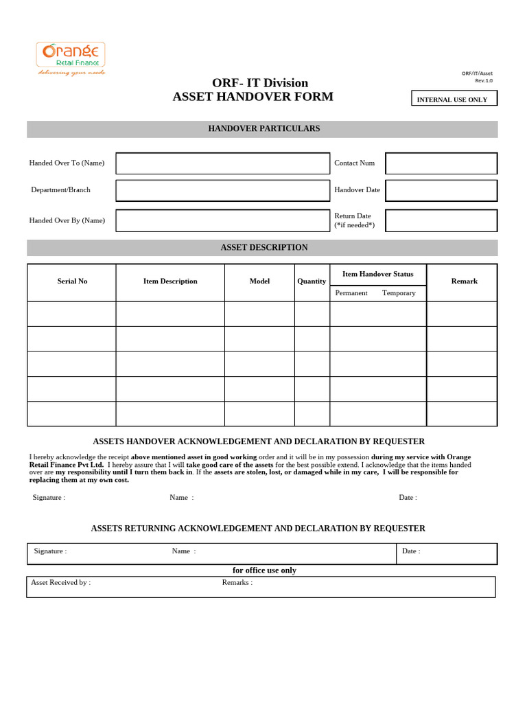 Asset Handover Form for IT Division | PDF