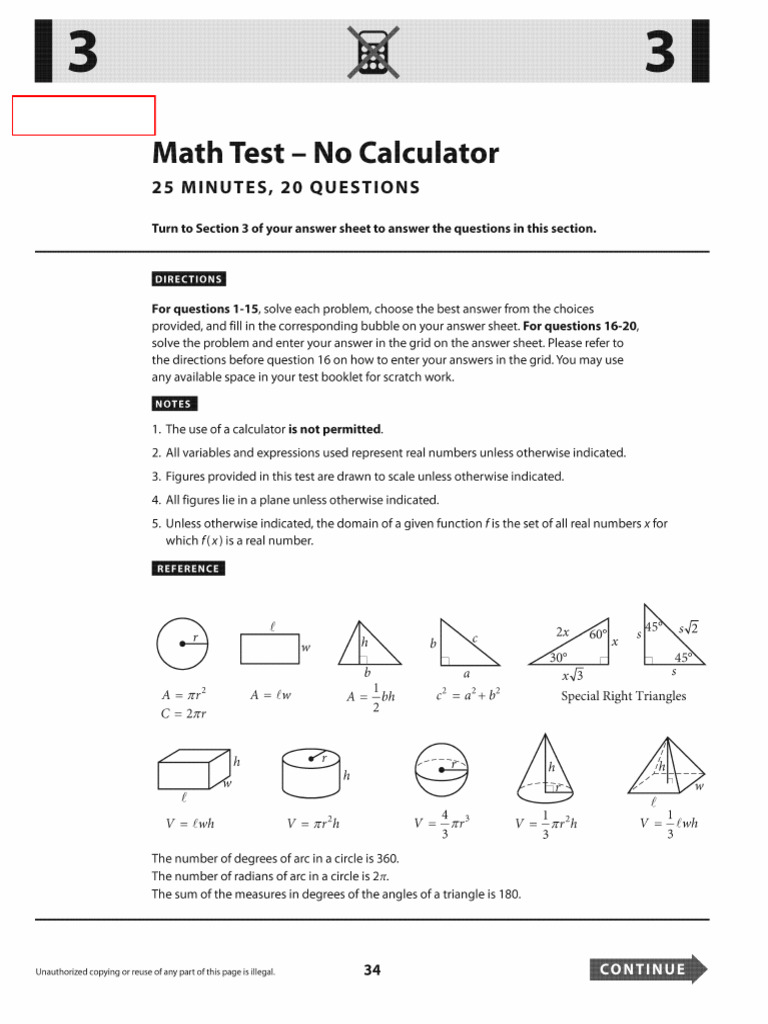 Math Test - No Calculator Instructions | PDF | Equations | Circle