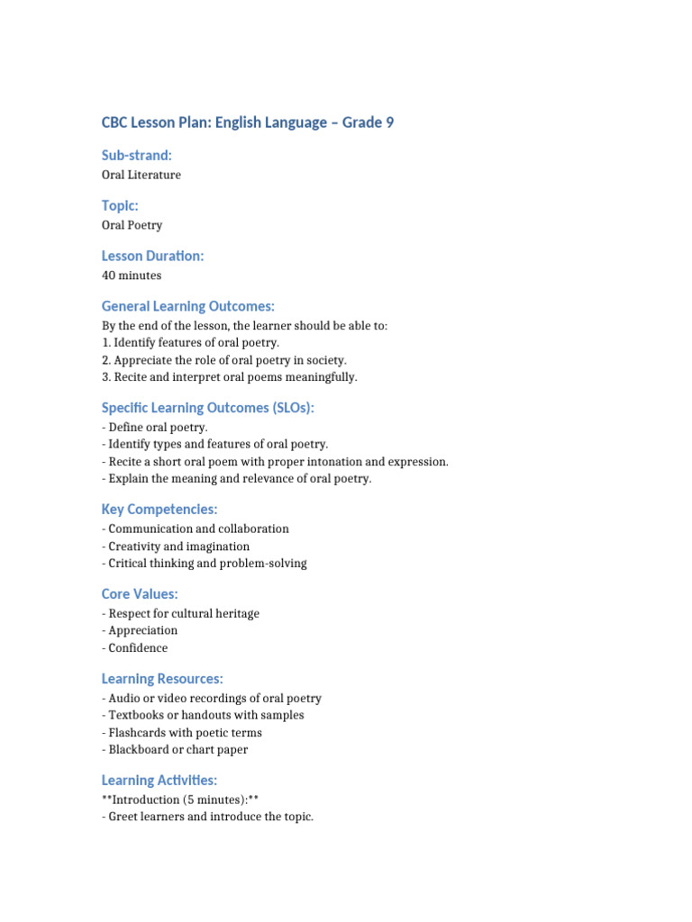Grade 9 Oral Poetry Lesson Plan | PDF