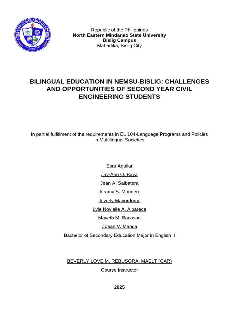 Bilingual Education Challenges in NEMSU-Bislig | PDF | Multilingualism ...
