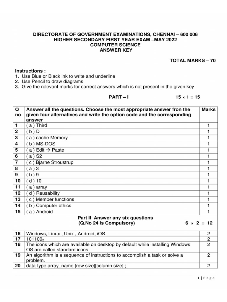 11th Computer Science EM Official Answer Keys For Public Exam May | PDF