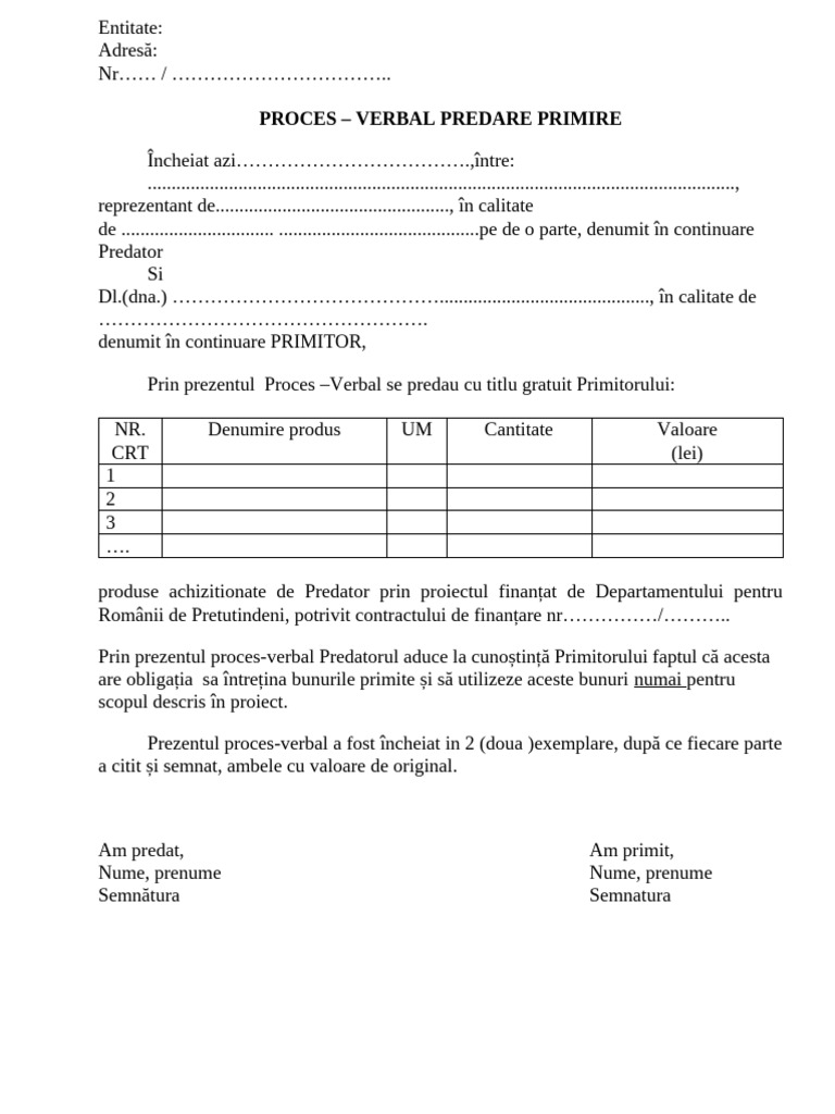 Model Proces Verbal de Predare Primire | PDF