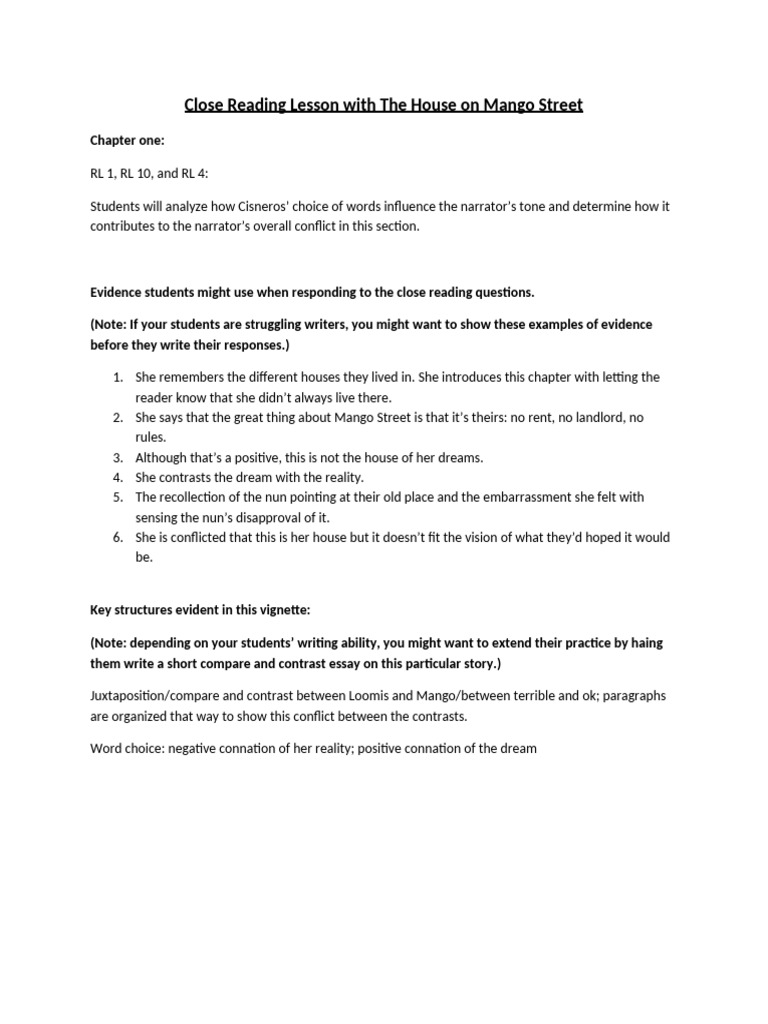 Close Reading Lesson With The House On Mango Street | PDF
