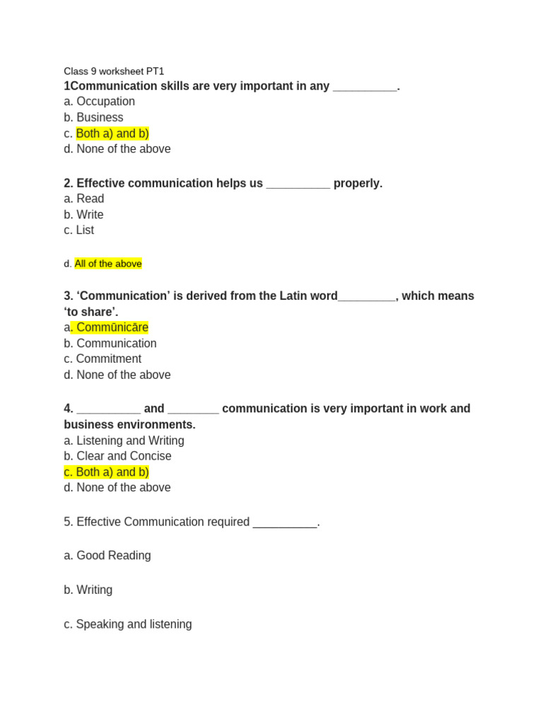 Class 9 Communication Skills Worksheet | PDF | Communication | Social ...