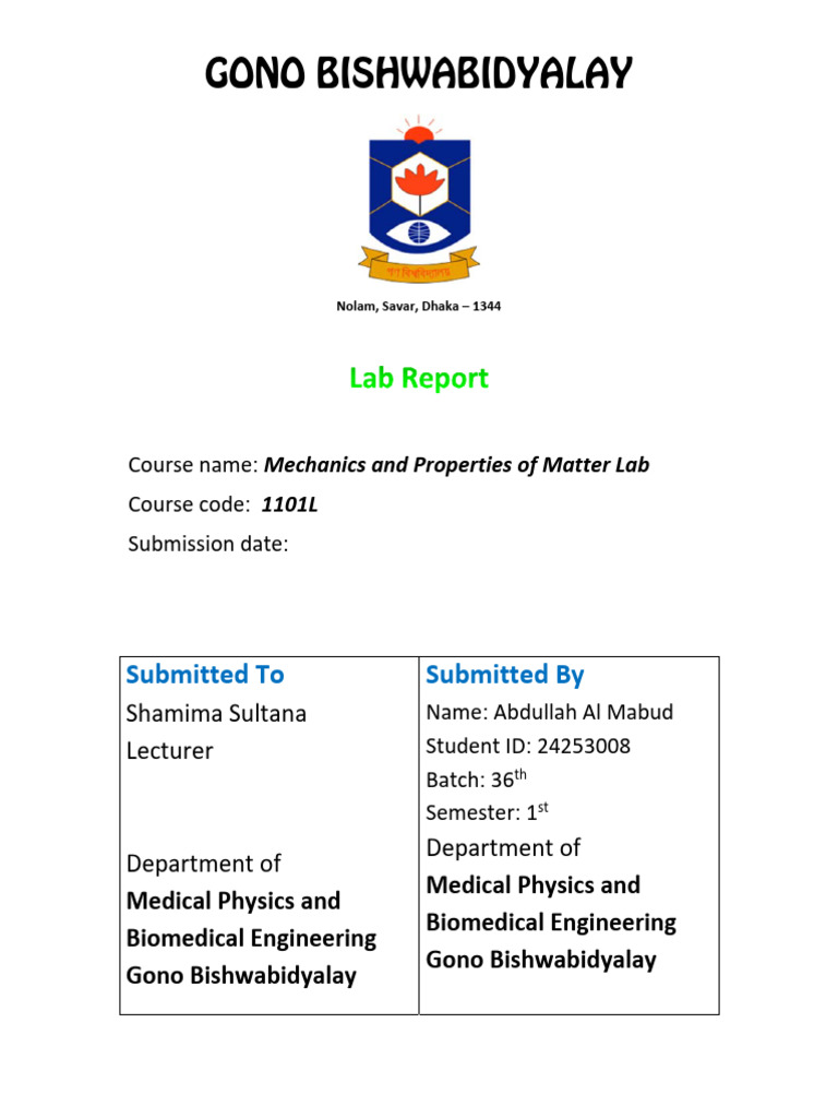 1101 Lab Report Tawhid New (2) T | PDF | Pendulum | Mechanics