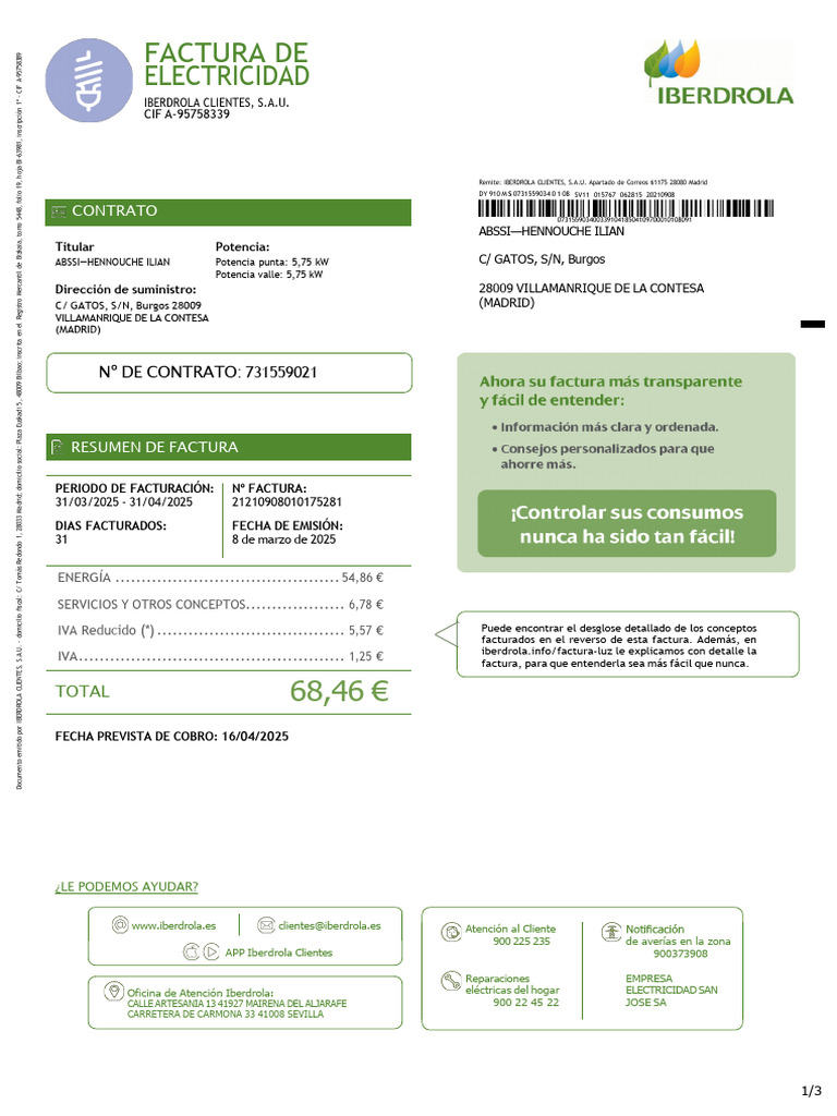 Resumen de Factura de Electricidad Iberdrola | PDF | Energia electrica ...