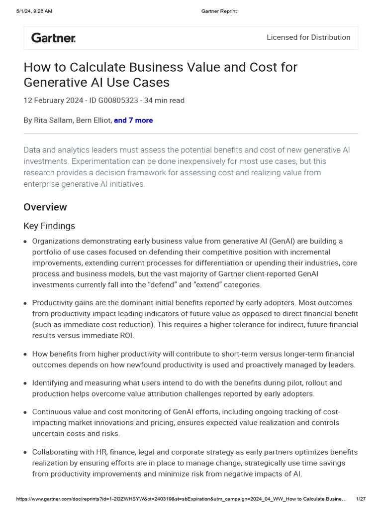 Gartner How To Calculate Business Value and Cost For GenAI | PDF ...