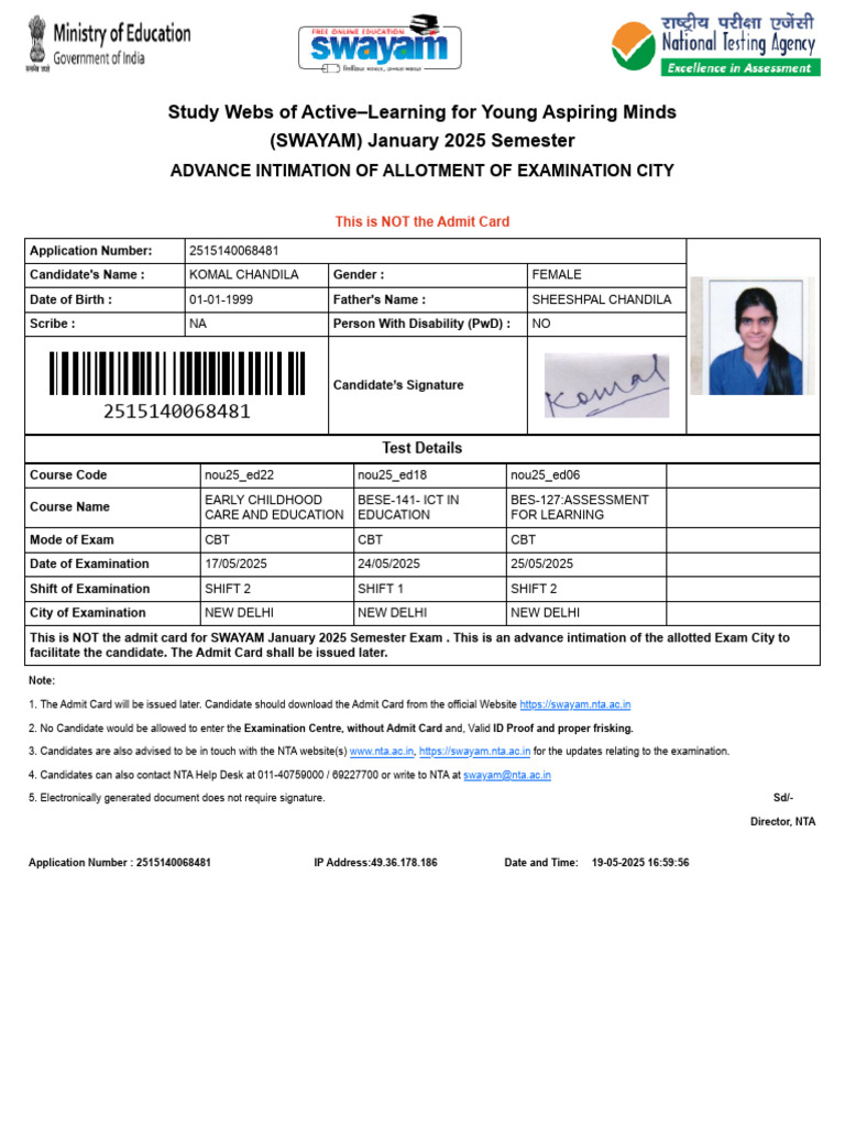 SWAYAM January 2025 Exam City Notice | PDF