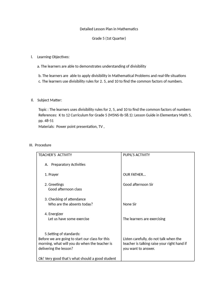 Detailed Lesson Plan in Mathematics | PDF | Lesson Plan | Teachers
