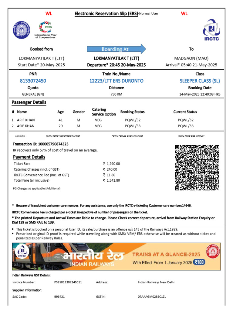 ERS Ticket Details for Train Journey | PDF | Identity Document | Payments
