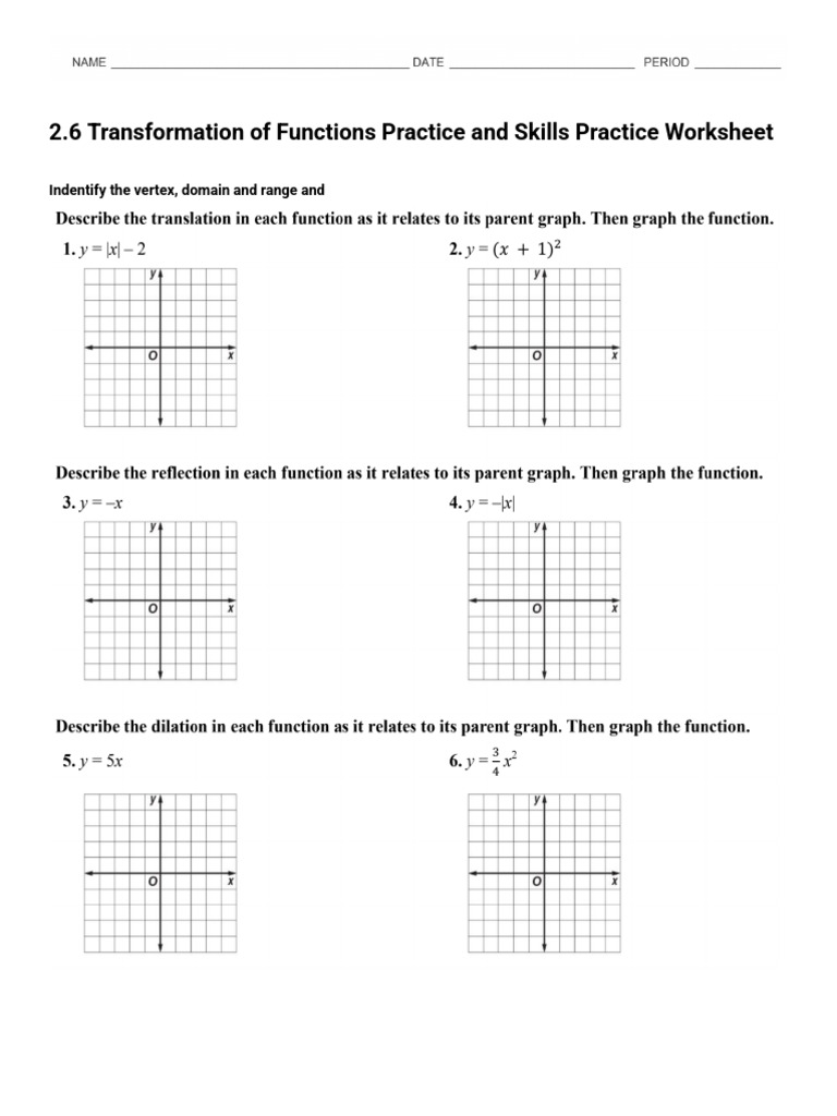 2.6 Transformation of Functions Practice and Skills Practice Worksheet ...