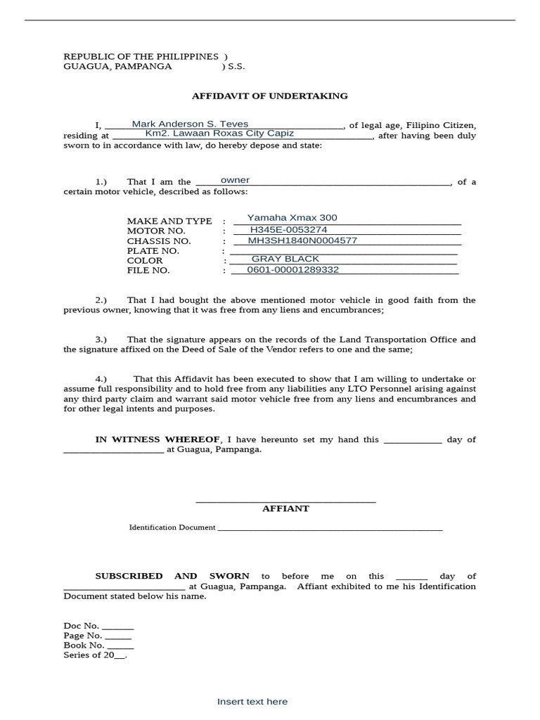 Affidavit of Undertaking | PDF | Affidavit | Transport