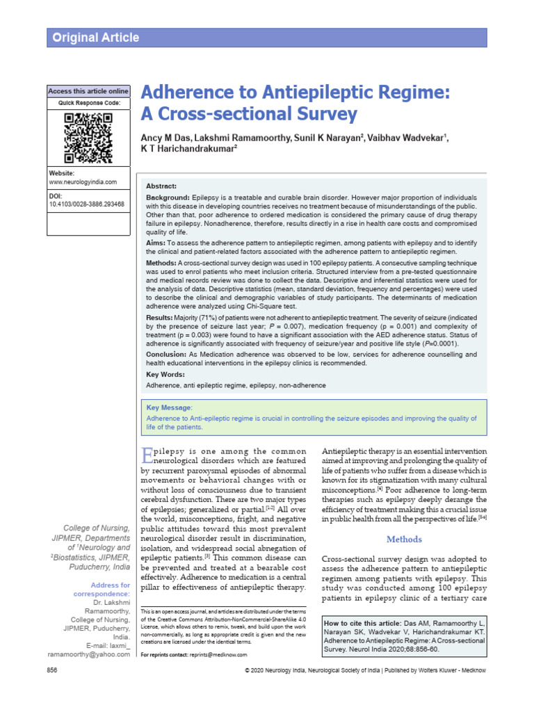 Antiepileptic Regimen Adherence Survey | PDF | Epilepsy | Comorbidity