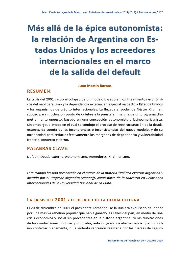 Mas Alla de La Epica Autonomista | PDF | Deuda | Argentina
