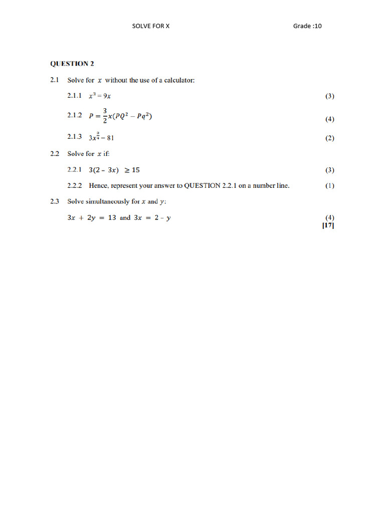 Grade 10 Solve for X Exercises | PDF