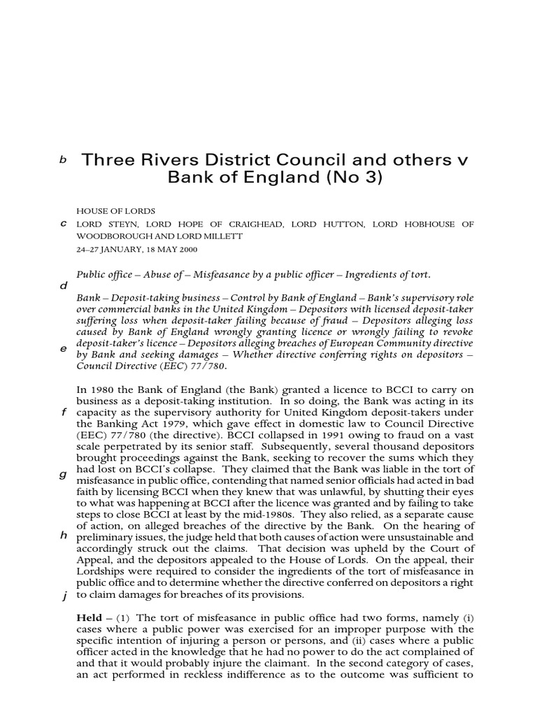 Three Rivers DC v Bank of England Case Summary | PDF | Recklessness ...