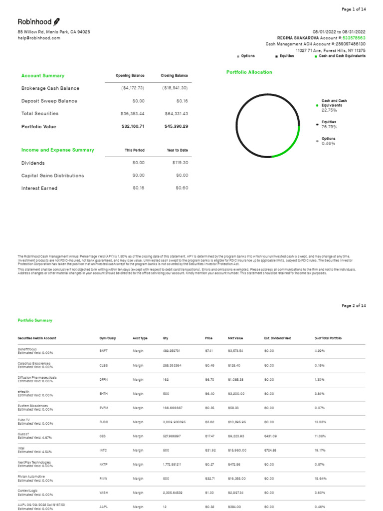 August 2022 Investment Statement | PDF | Banks | Debits And Credits