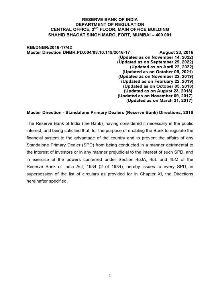 RBI Guidelines for Standalone Primary Dealers | PDF | Preferred Stock ...