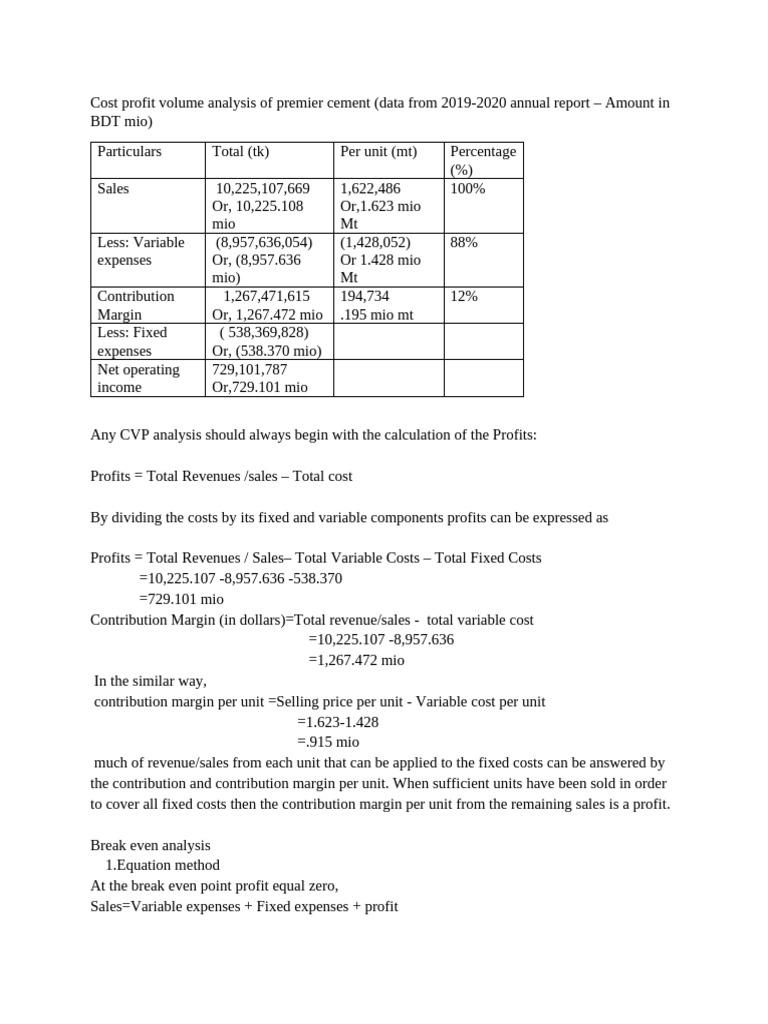 CVP Analysis of Premier Cement 2019-2020 | PDF | Business Economics ...