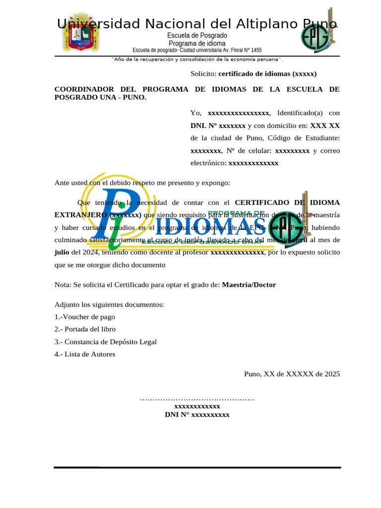 Solicitud de Certificado de Idioma UNA Puno | PDF
