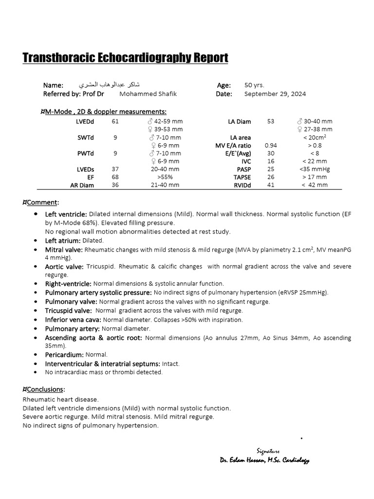 Transthoracic Echocardiography Report: Signature Dr. Eslam Hassan, M.Sc ...