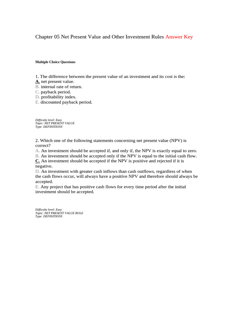 Chapter 05 Net Present Value And Other Investment Pdf Net Present