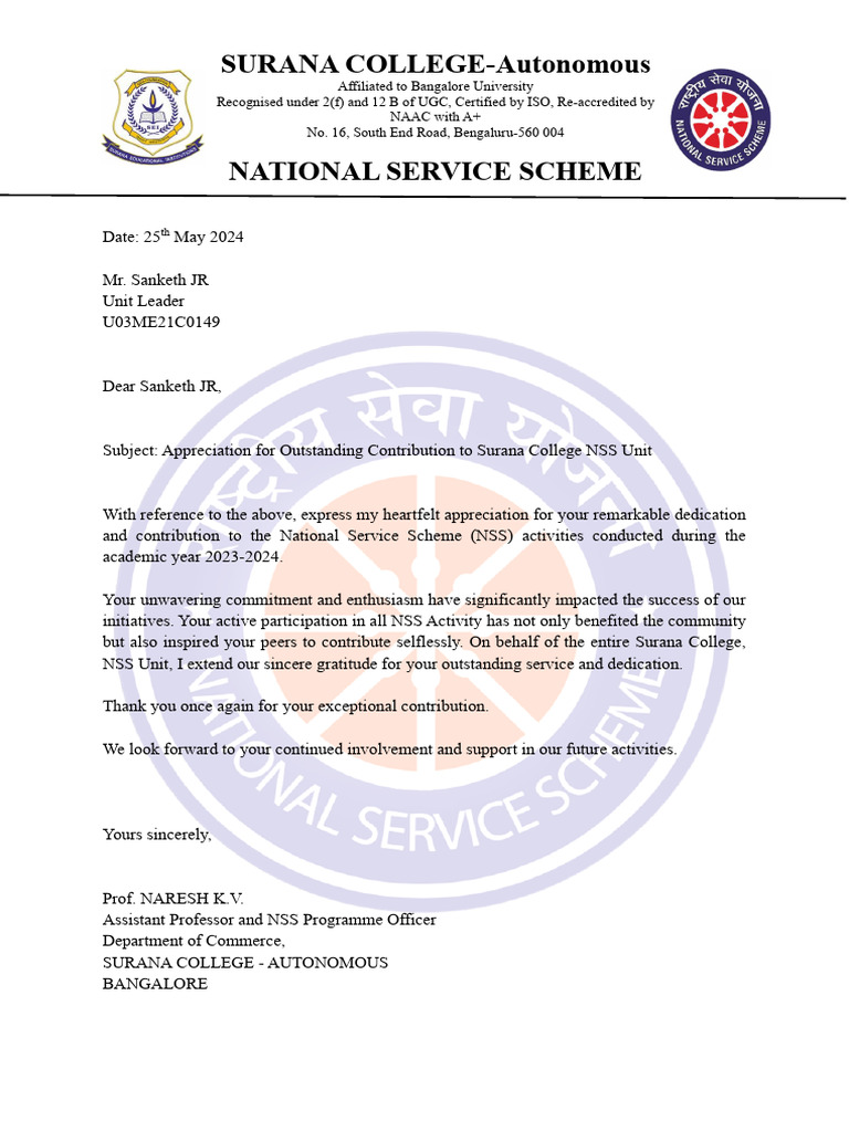 NSS Unit Appreciation Letters 2024 | PDF | Higher Education ...