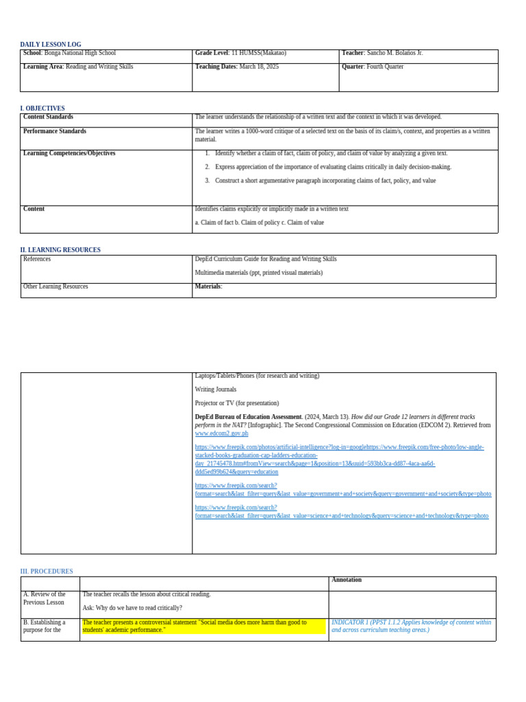 Grade 11 Reading & Writing Lesson Plan | PDF | Learning | Teachers